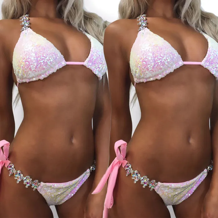 Perfectly Incorrect Vibrators | Pink Magic Sequin Crystal Rhinestone Two Piece Bikini